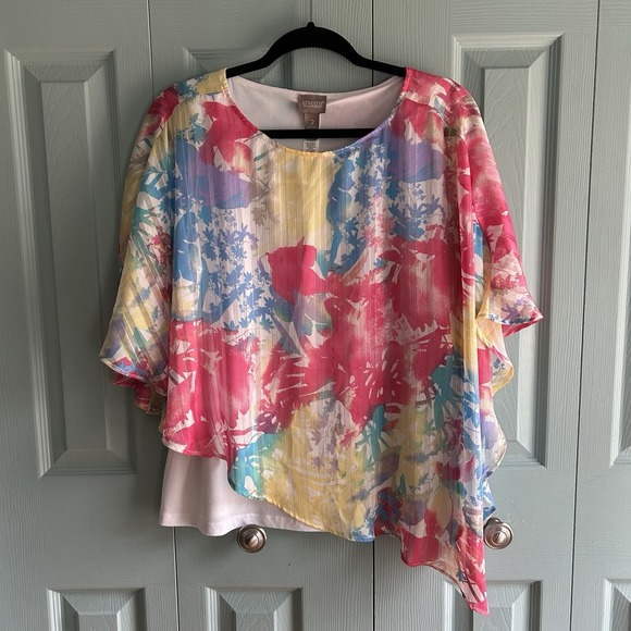 Chico's Tops - Chicos Tropical Floral Pink Blouse Size 2 US Large Flowy Spring Short Sleeve